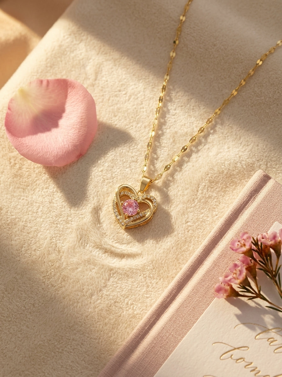 Blush Heartstone Pendant | Diamond Studded | Adjustable Gold Chain