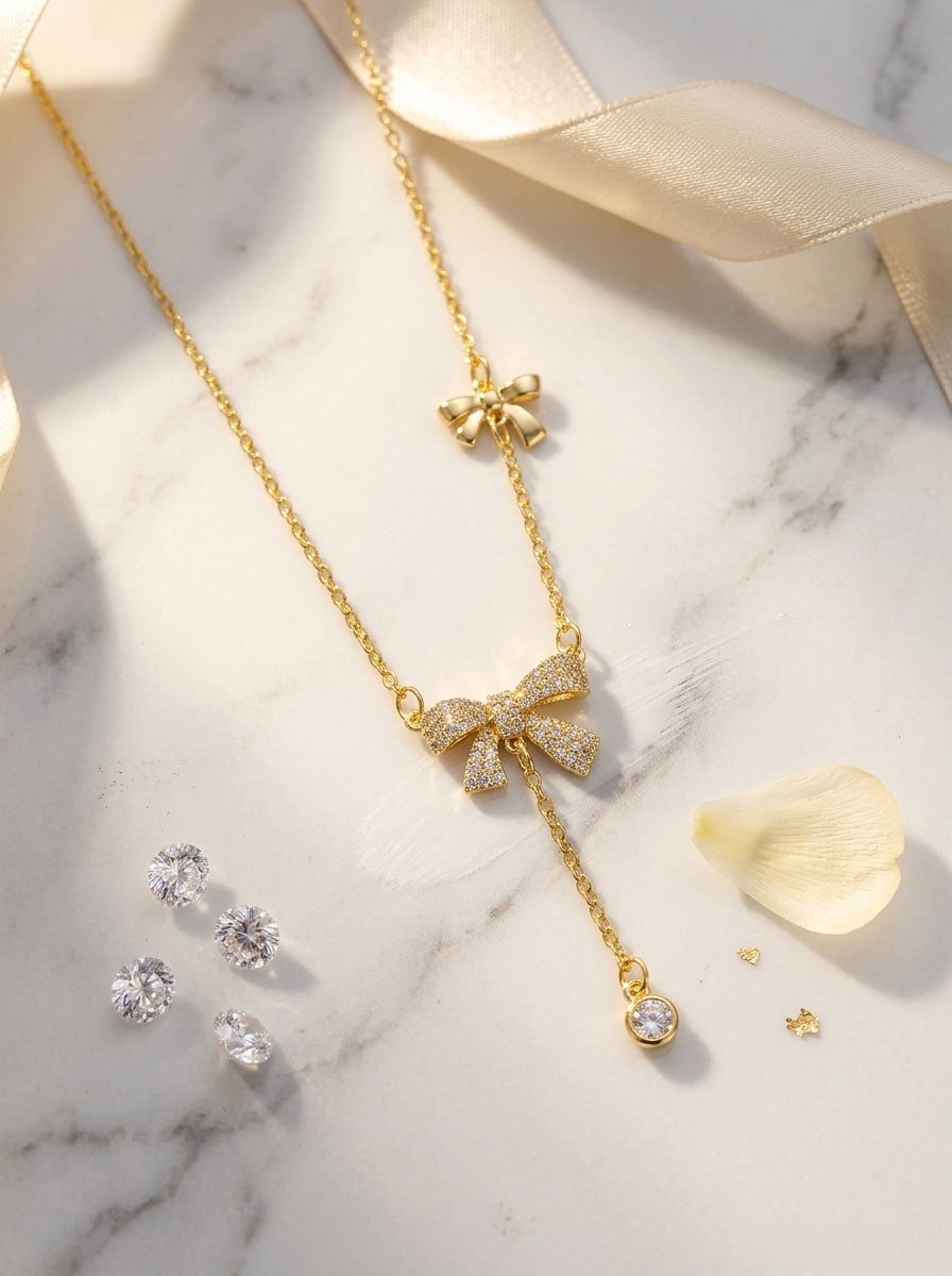 The Belle Bow Pendant | Diamond Studded | Adjustable Chain