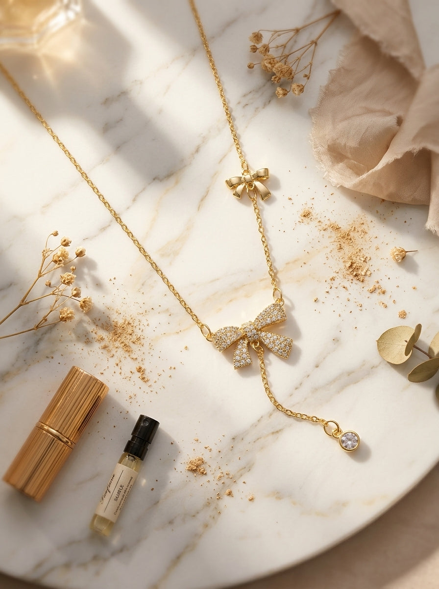 The Belle Bow Pendant | Diamond Studded | Adjustable Chain