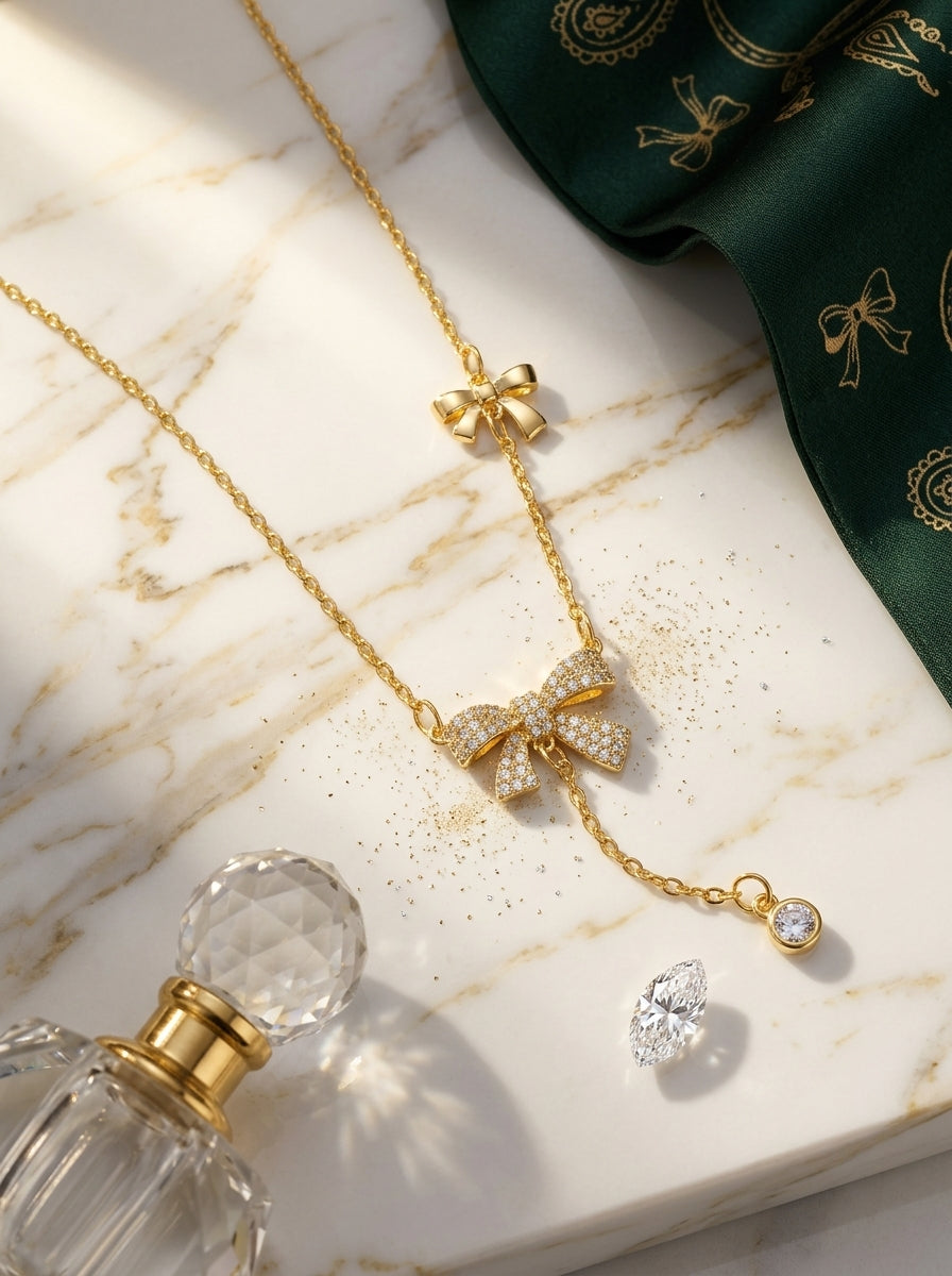 The Belle Bow Pendant | Diamond Studded | Adjustable Chain