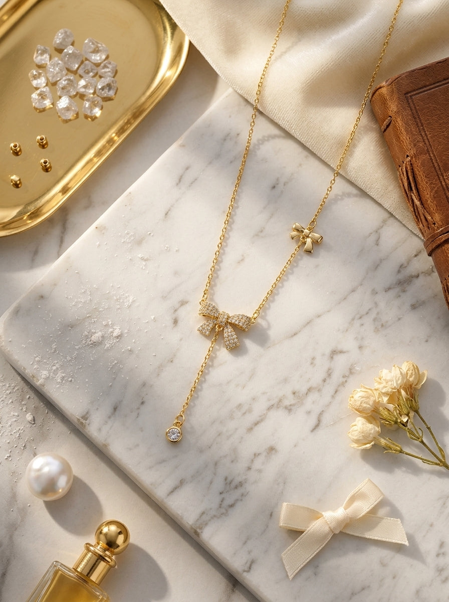 The Belle Bow Pendant | Diamond Studded | Adjustable Chain