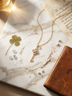 The Clover Key Pendant | Diamond Studded | Adjustable Gold Chain