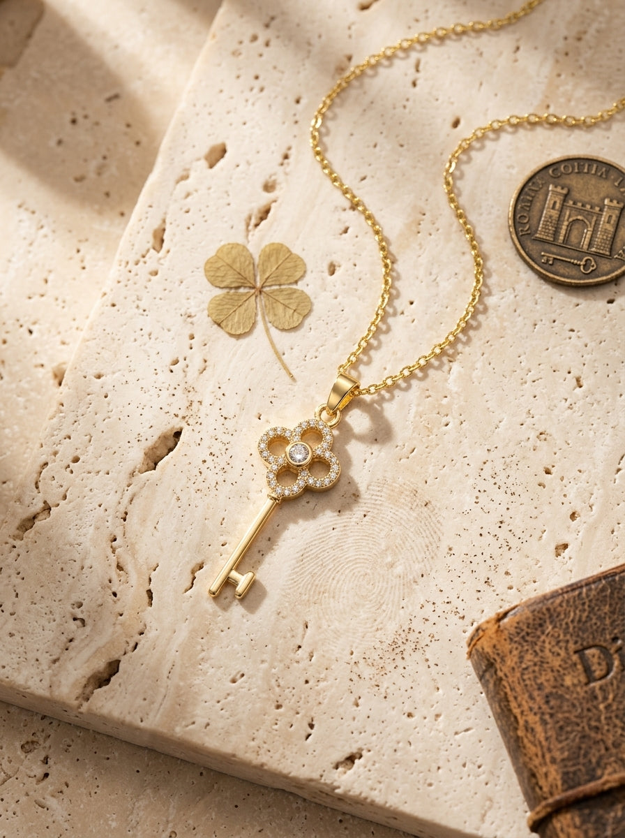 The Clover Key Pendant | Diamond Studded | Adjustable Gold Chain