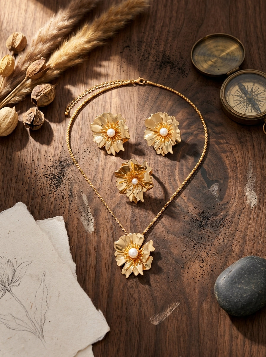 Blooming Beauty Complete Set | Earrings, Ring & Pendant | Gold Plated