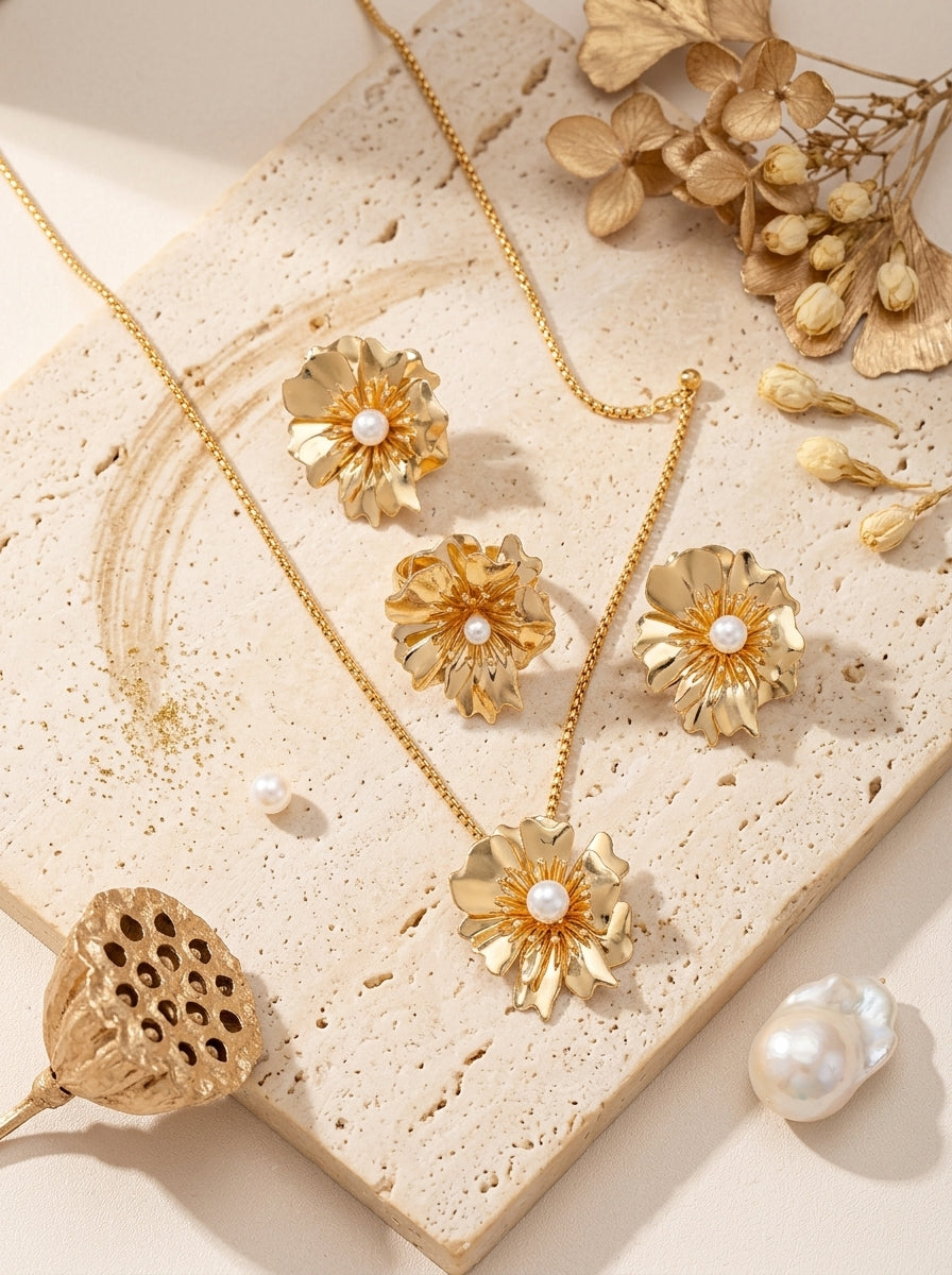 Blooming Beauty Complete Set | Earrings, Ring & Pendant | Gold Plated