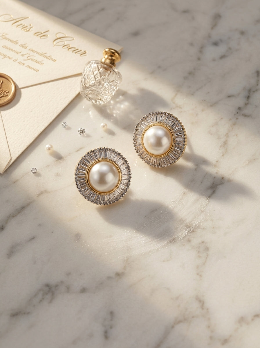 Luminous Pearl & Diamond Studs | Gold Plated