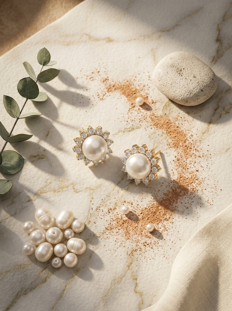 Petite Pearl Elegance Studs | Diamond & Pearl | Gold Plated
