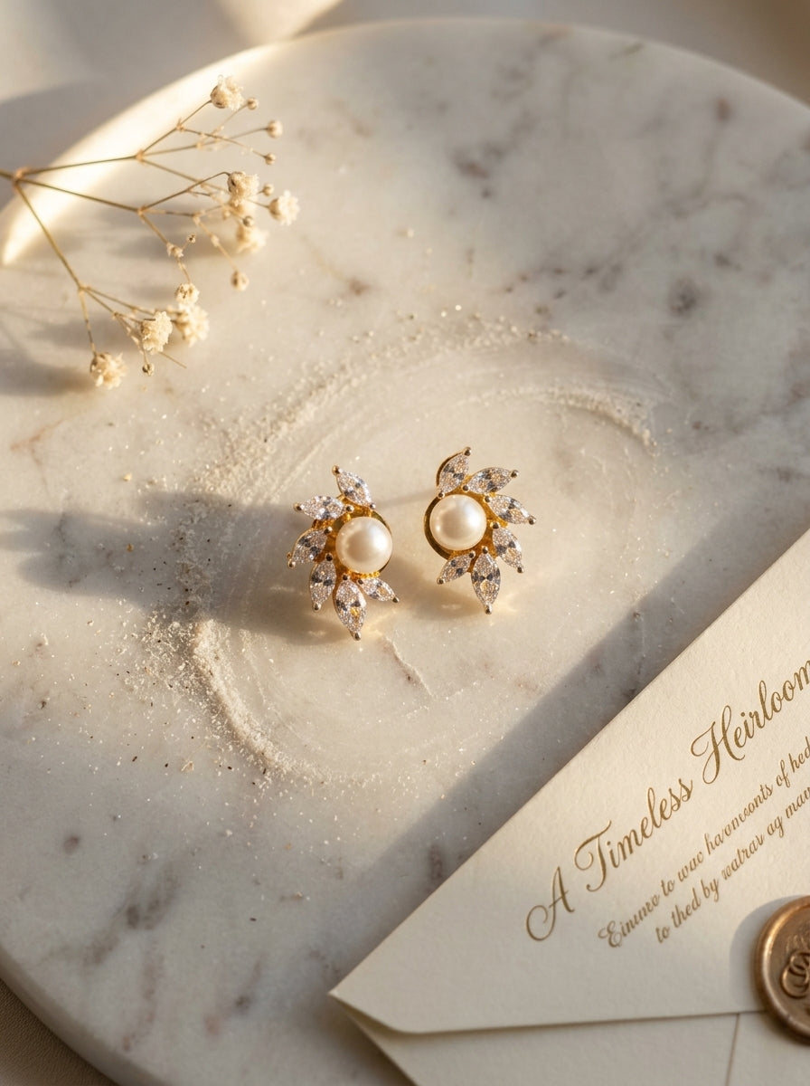 Oval Pearl Drop Studs | Diamond & Pearl | Gold Plated