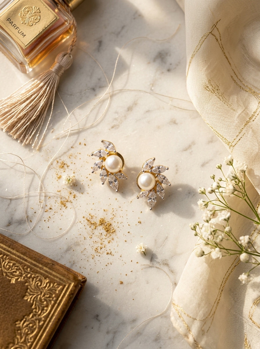 Oval Pearl Drop Studs | Diamond & Pearl | Gold Plated