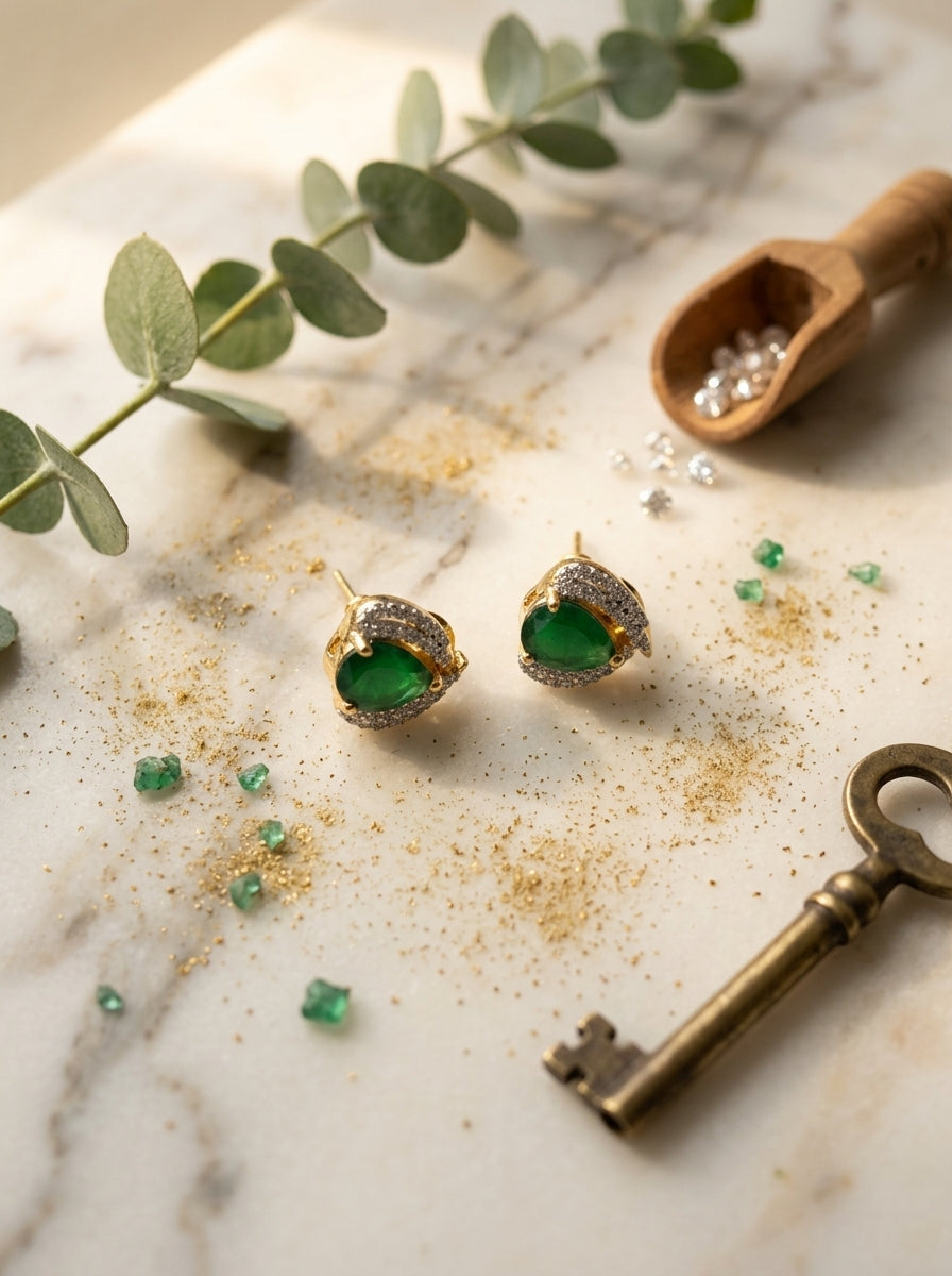 Emerald Petite Studs | Green Stone & Diamond | Gold Plated
