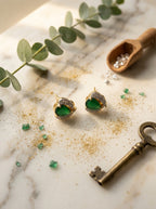 Emerald Petite Studs | Green Stone & Diamond | Gold Plated