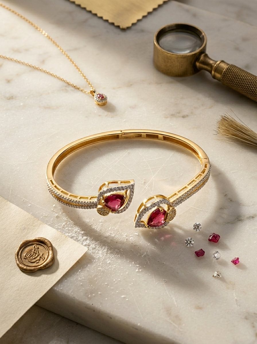 Ruby Radiance Bangle | Red Diamond Studded | Gold Plated