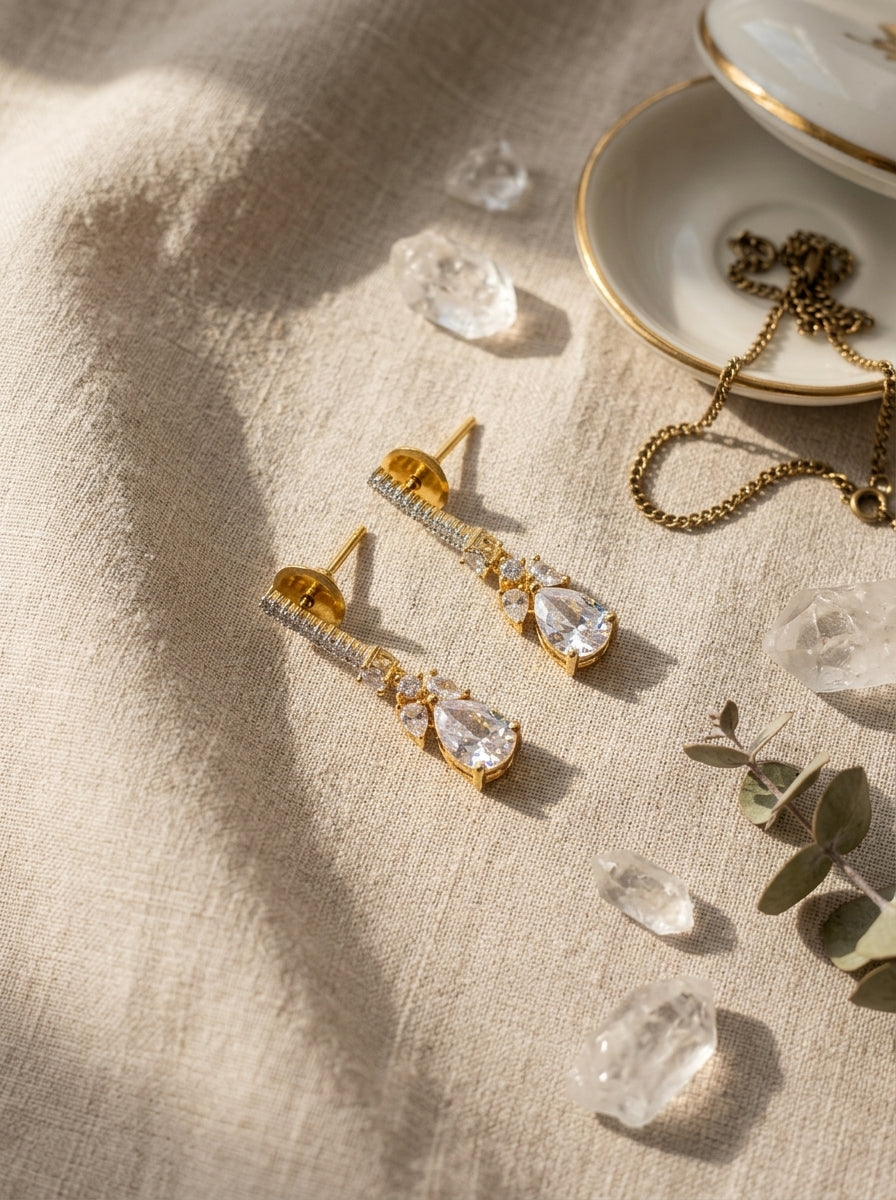 Streamline Bar Earrings | Diamond Studded | Gold Plated