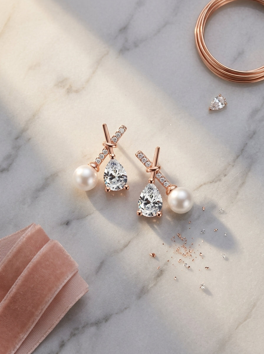 Cross Statement Studs | Rose Gold Plated | Diamond Studded