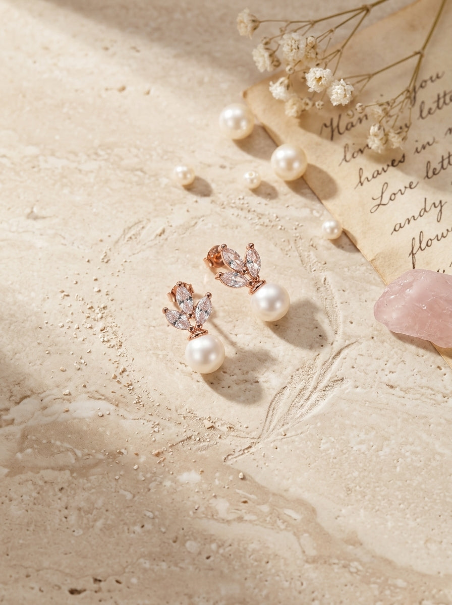 Pearl Dew Drop Earrings | Rose Gold Plated | Korean Style