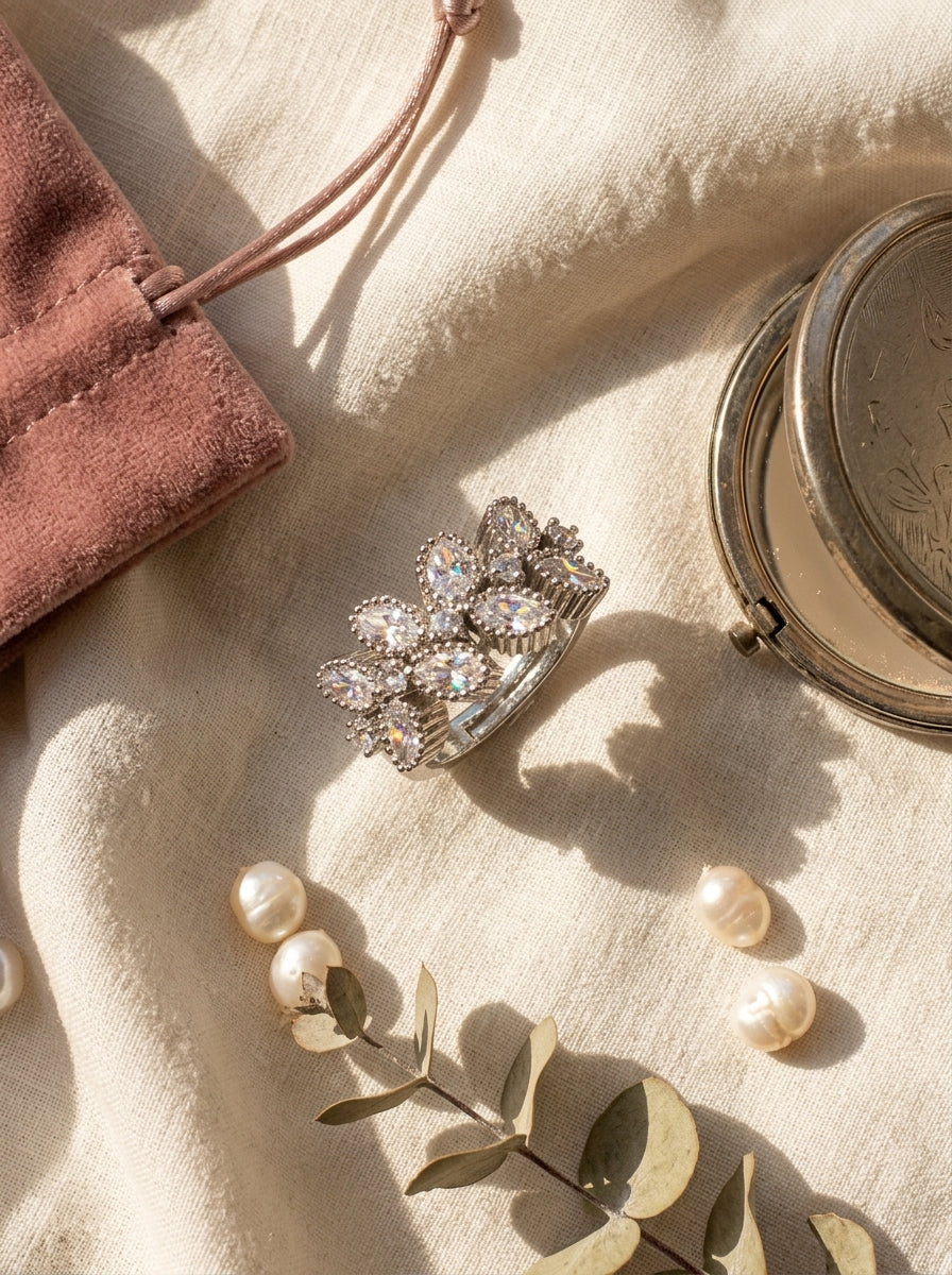 Classic Silver Ring | Diamond Studded | Silver Plated Adjustable