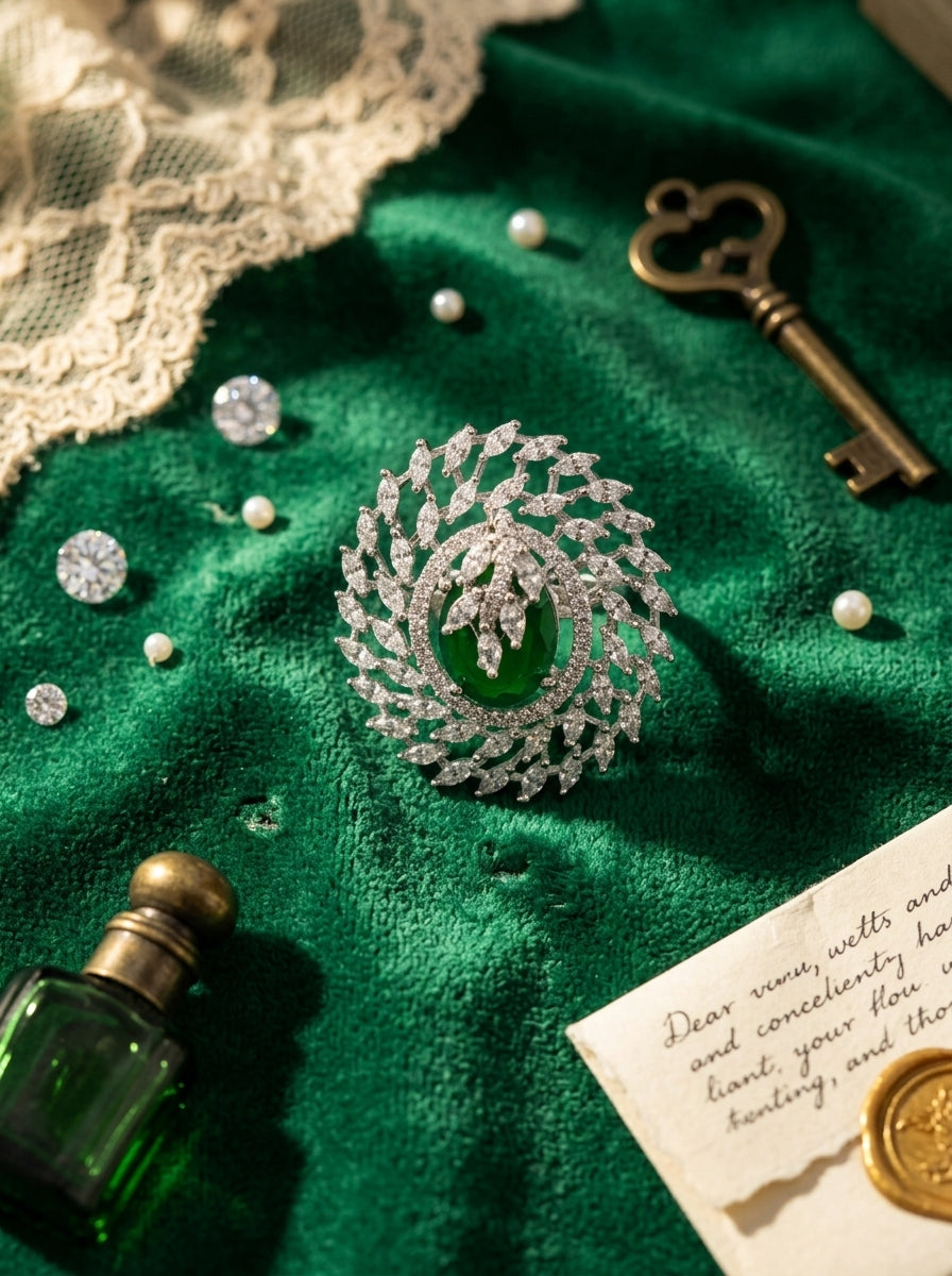 Emerald Crown Ring | Green Stone Statement | Silver Plated