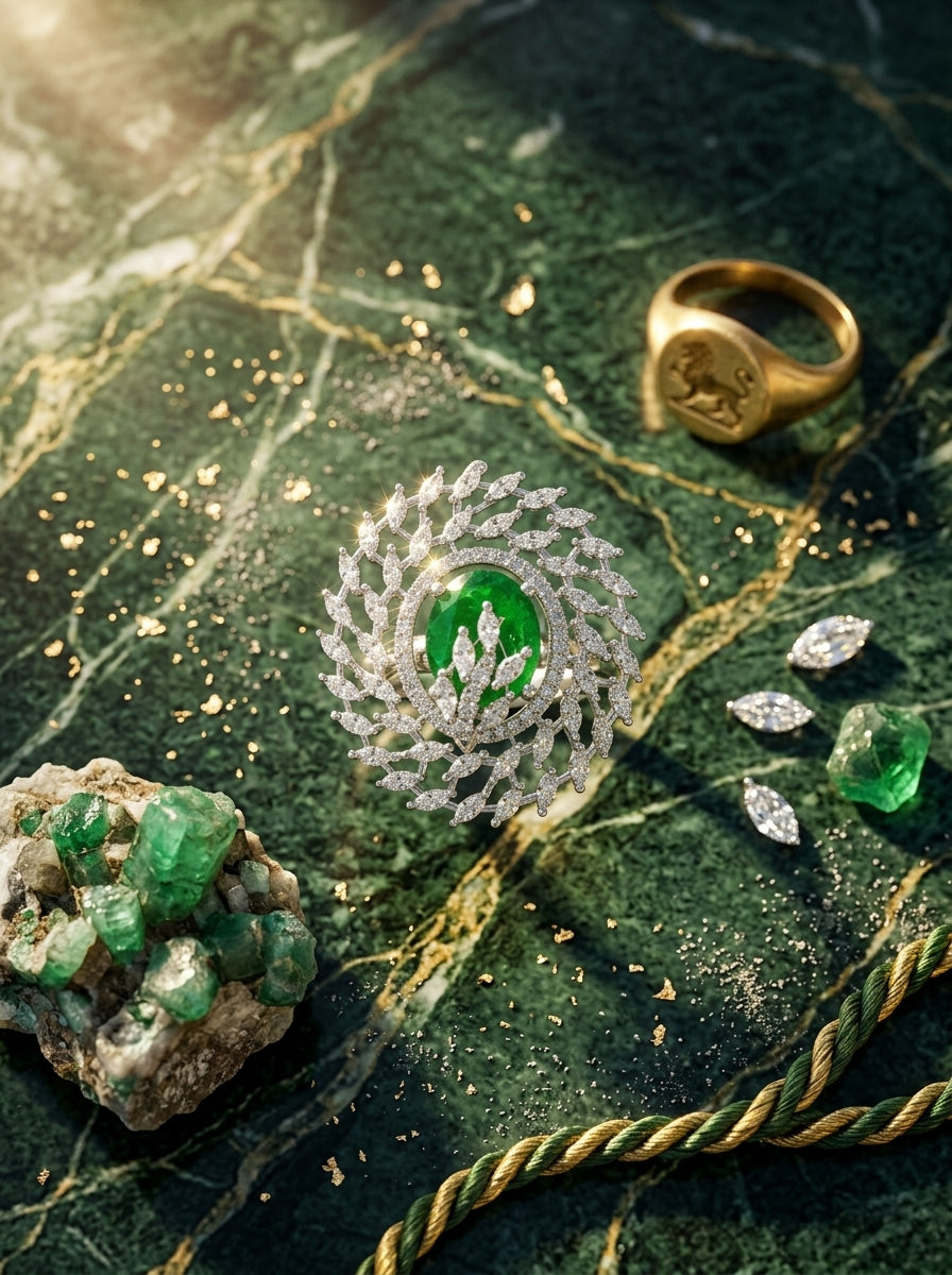 Emerald Crown Ring | Green Stone Statement | Silver Plated