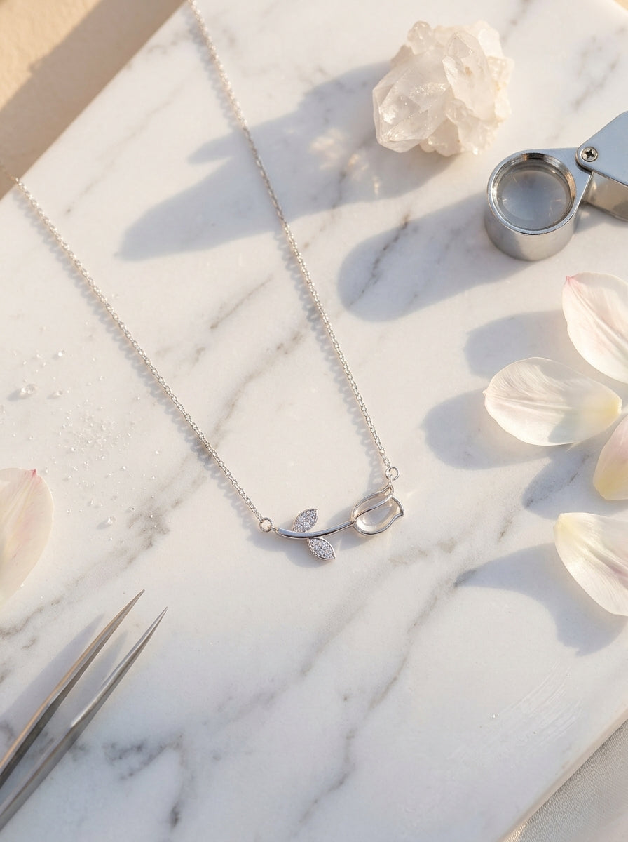 Sleek Lotus Pendant | Diamond Studded | Silver Plated