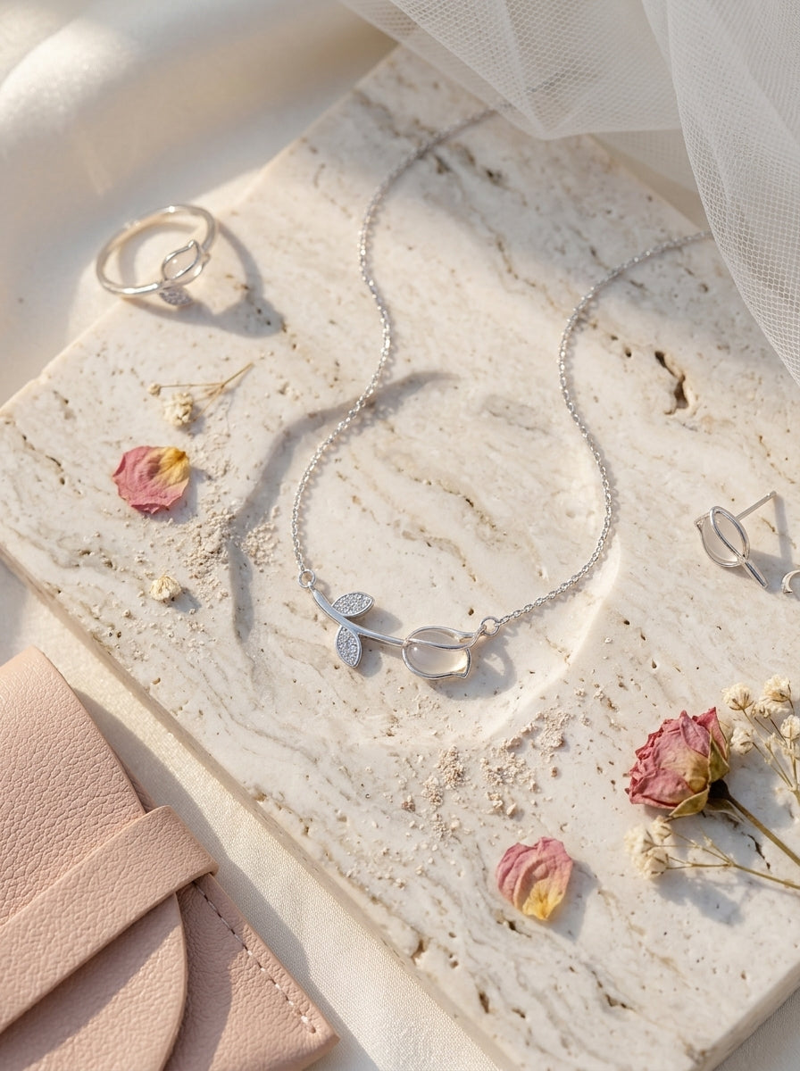 Sleek Lotus Pendant | Diamond Studded | Silver Plated