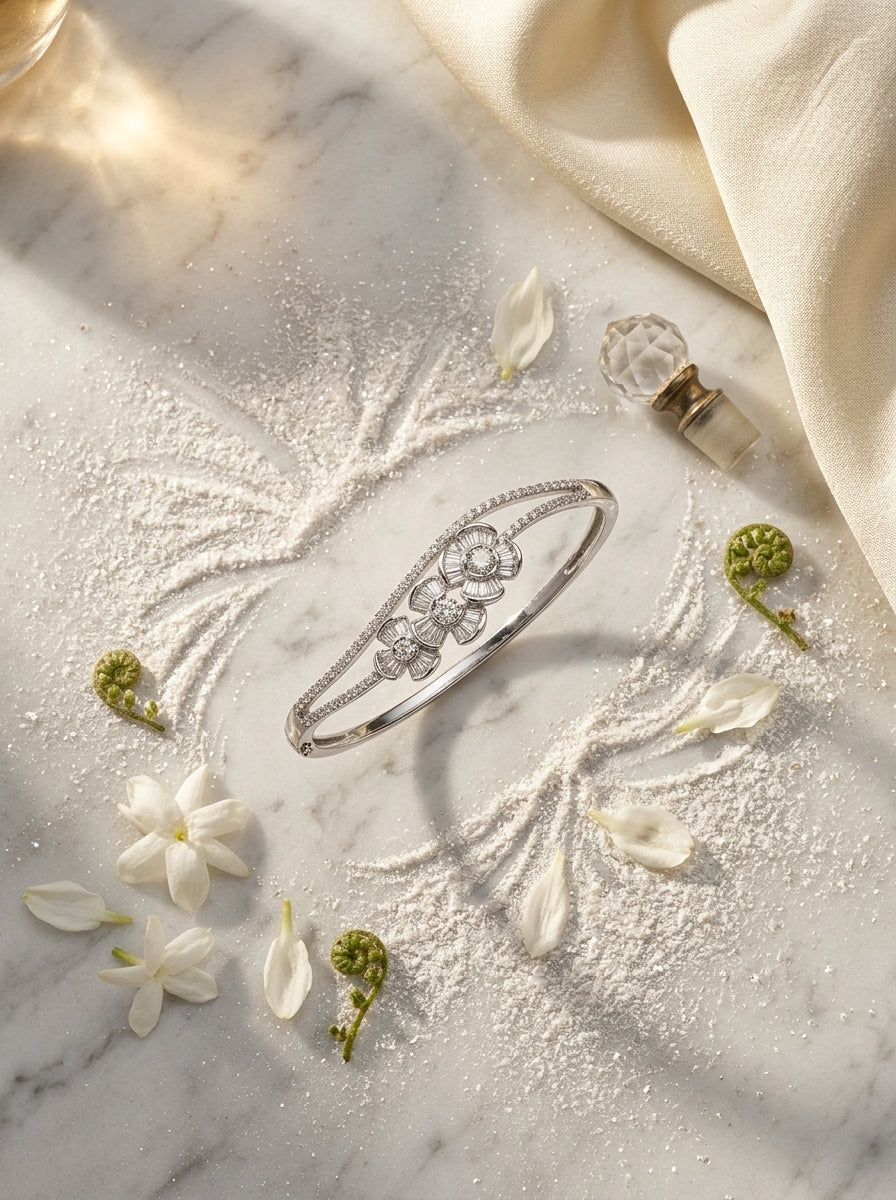 Sophisticated Silver Bangle | Diamond Studded | Wide Profile