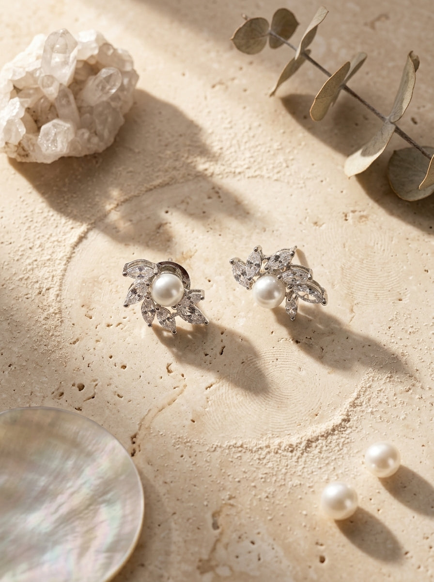 Pearl Elegance Studs | Pearl & Diamond | Silver Plated