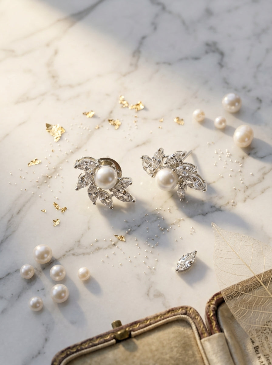 Pearl Elegance Studs | Pearl & Diamond | Silver Plated