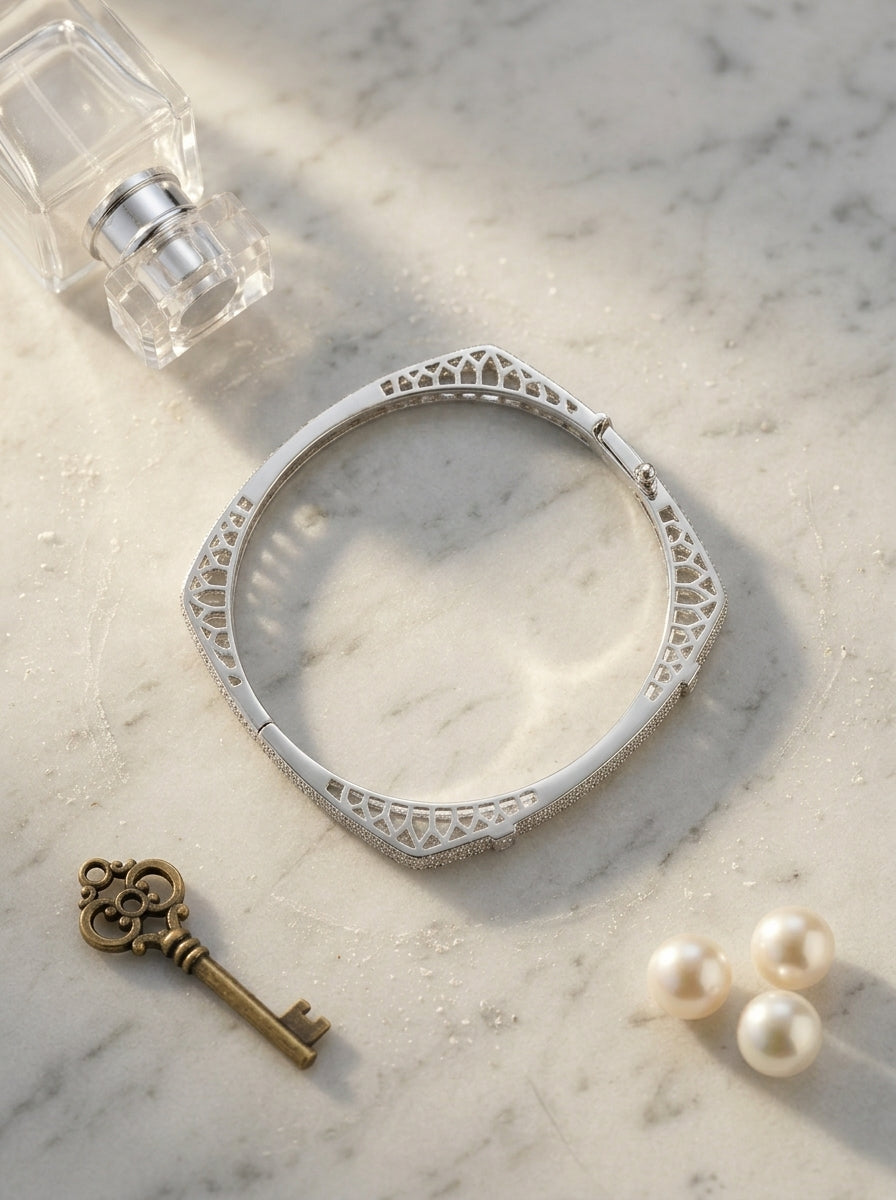 Statement Silver Bangle | Diamond Studded | Elegant Profile