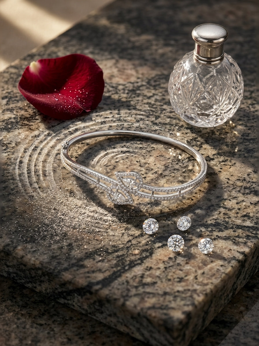 Refined Silver Bangle | Diamond Studded | Sleek Design