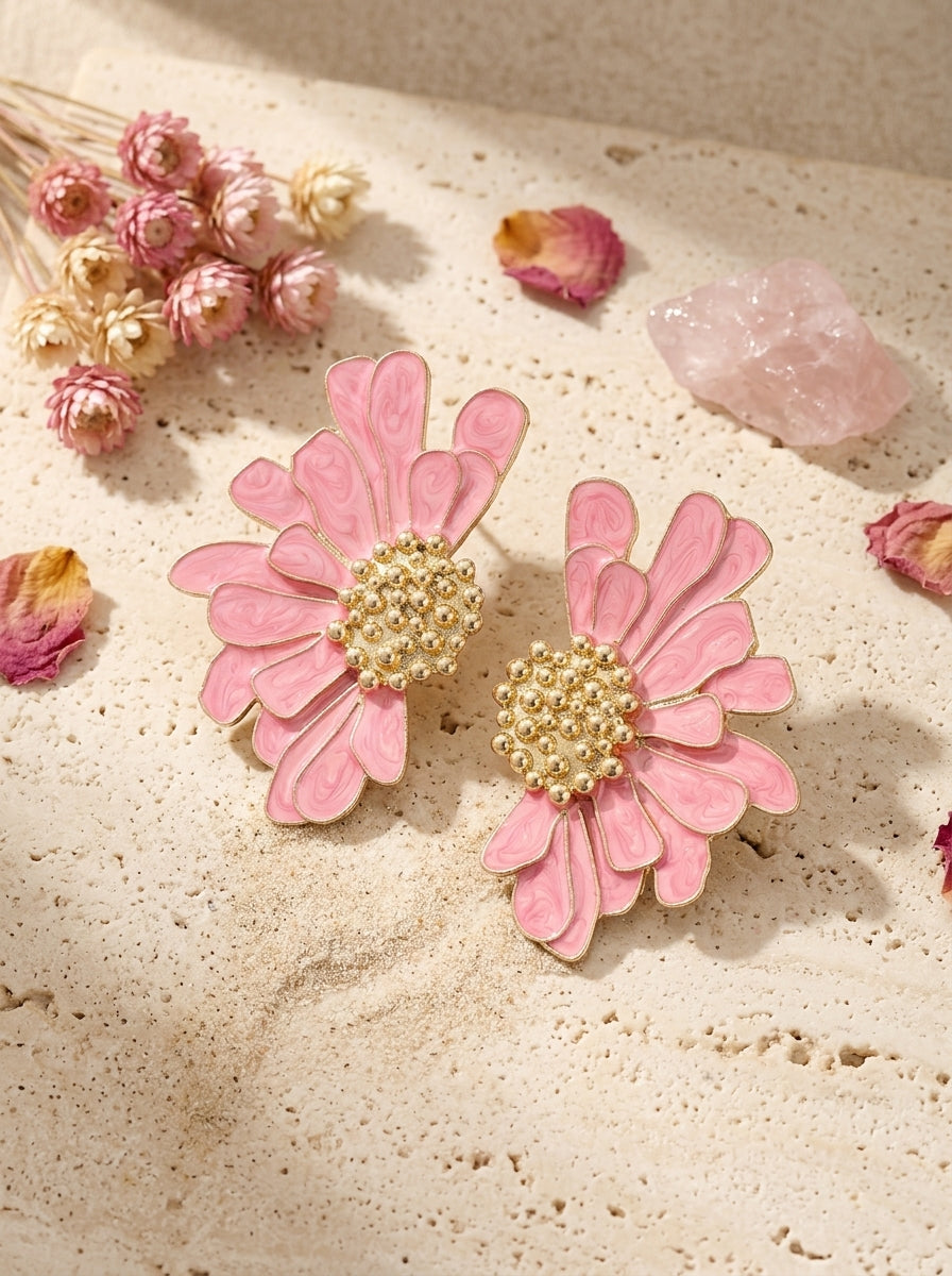 Pink Blossom Heart Earrings | Flower Design | Gold Plated