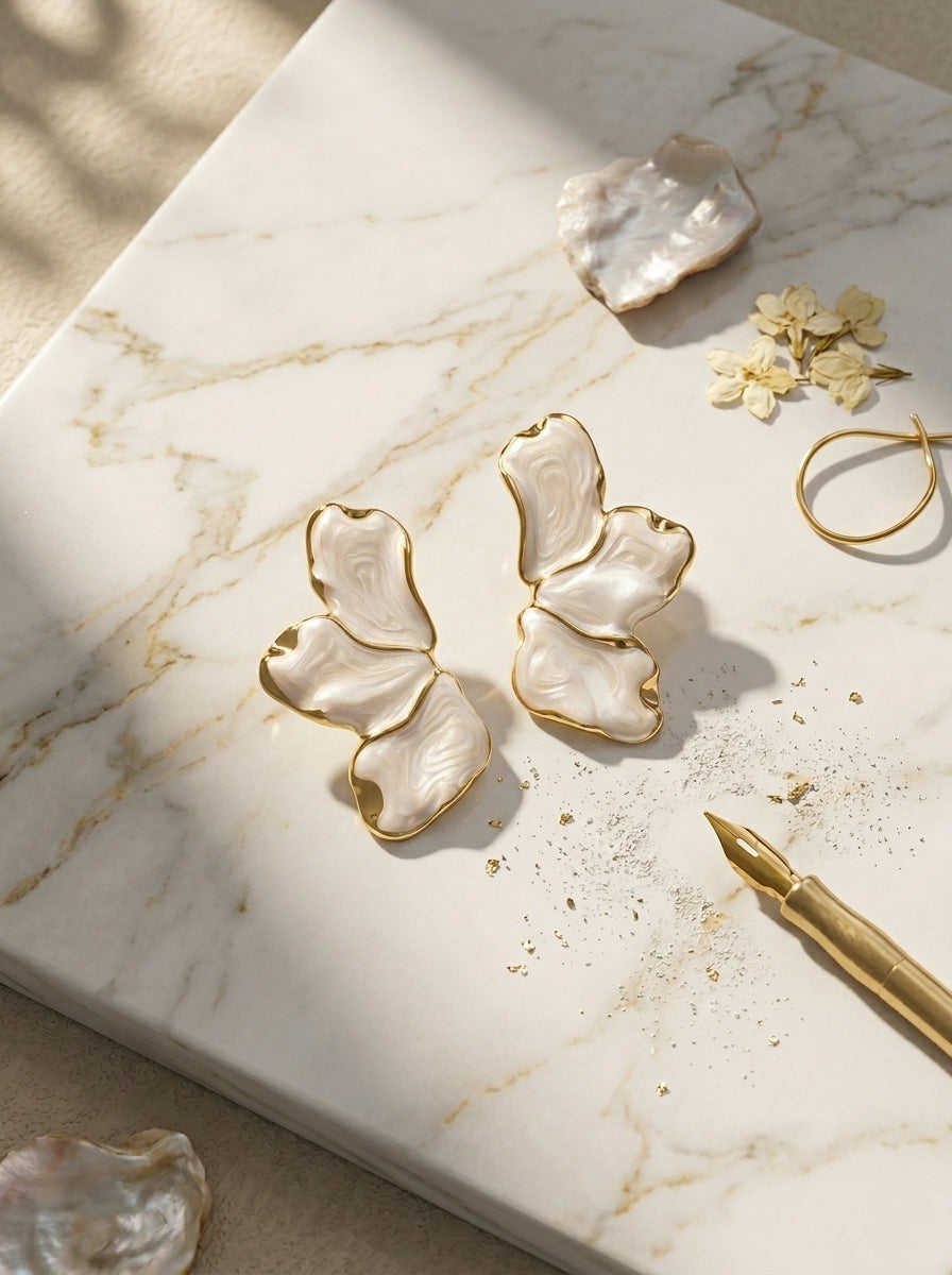 White Petal Earrings | Flower Design | Gold Plated
