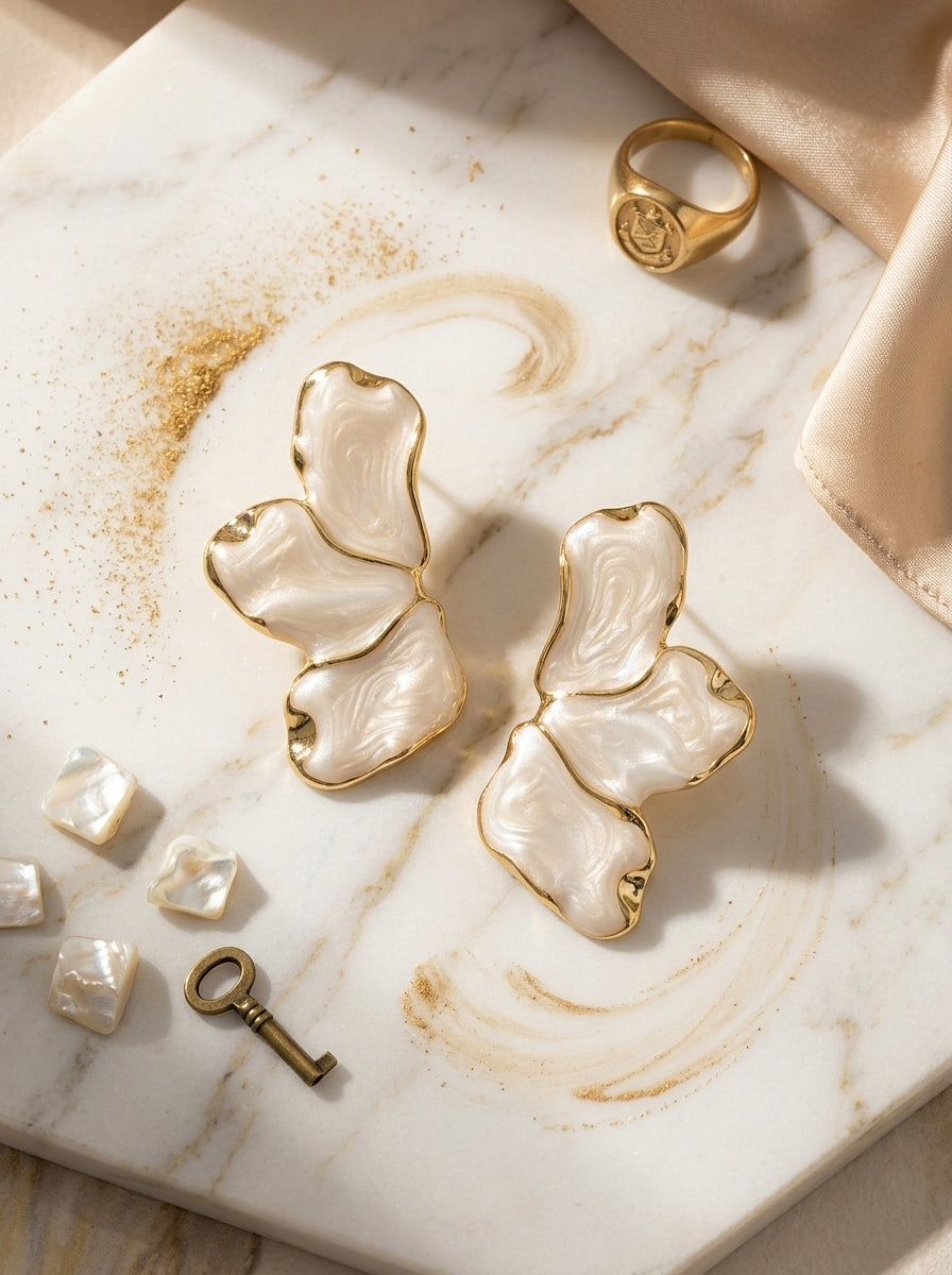 White Petal Earrings | Flower Design | Gold Plated