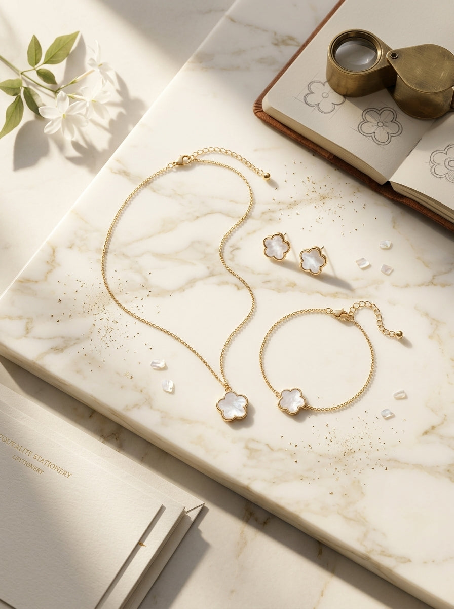 Clover Trio Set | Pendant, Earrings & Bracelet | Gold Plated
