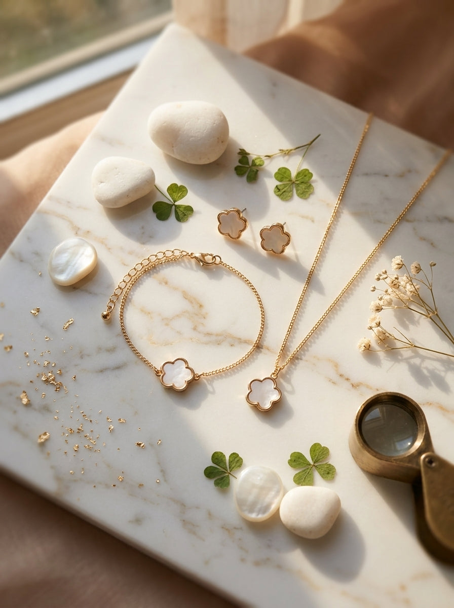 Clover Trio Set | Pendant, Earrings & Bracelet | Gold Plated