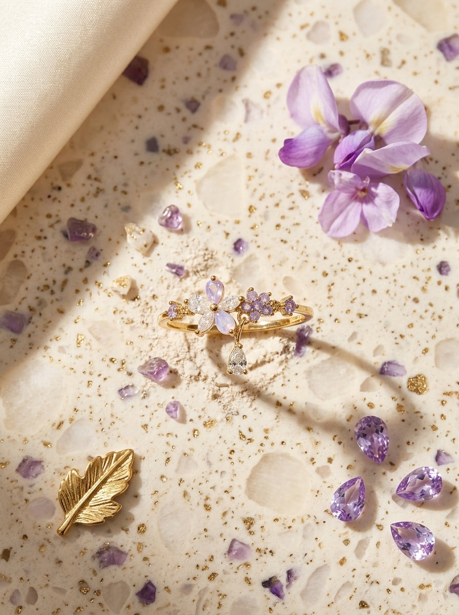 Radiant Lavender Dew Ring | Diamond Studded | Gold Plated