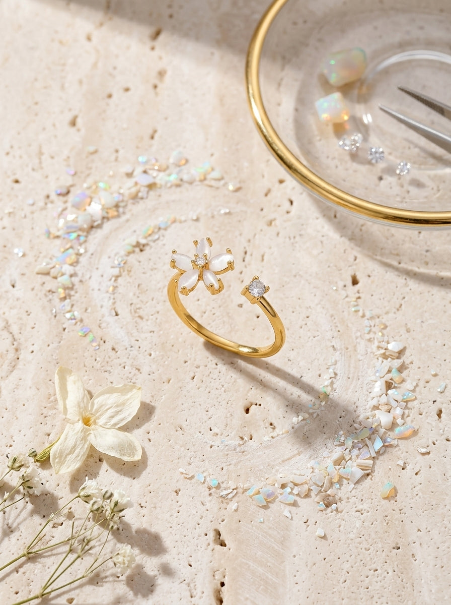 Moonlight Bloom Ring | Diamond Studded | Gold Plated