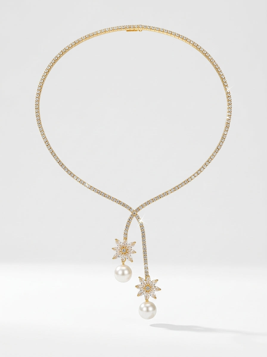 Pearl Halo Necklace | Diamond Studded | Gold Plated