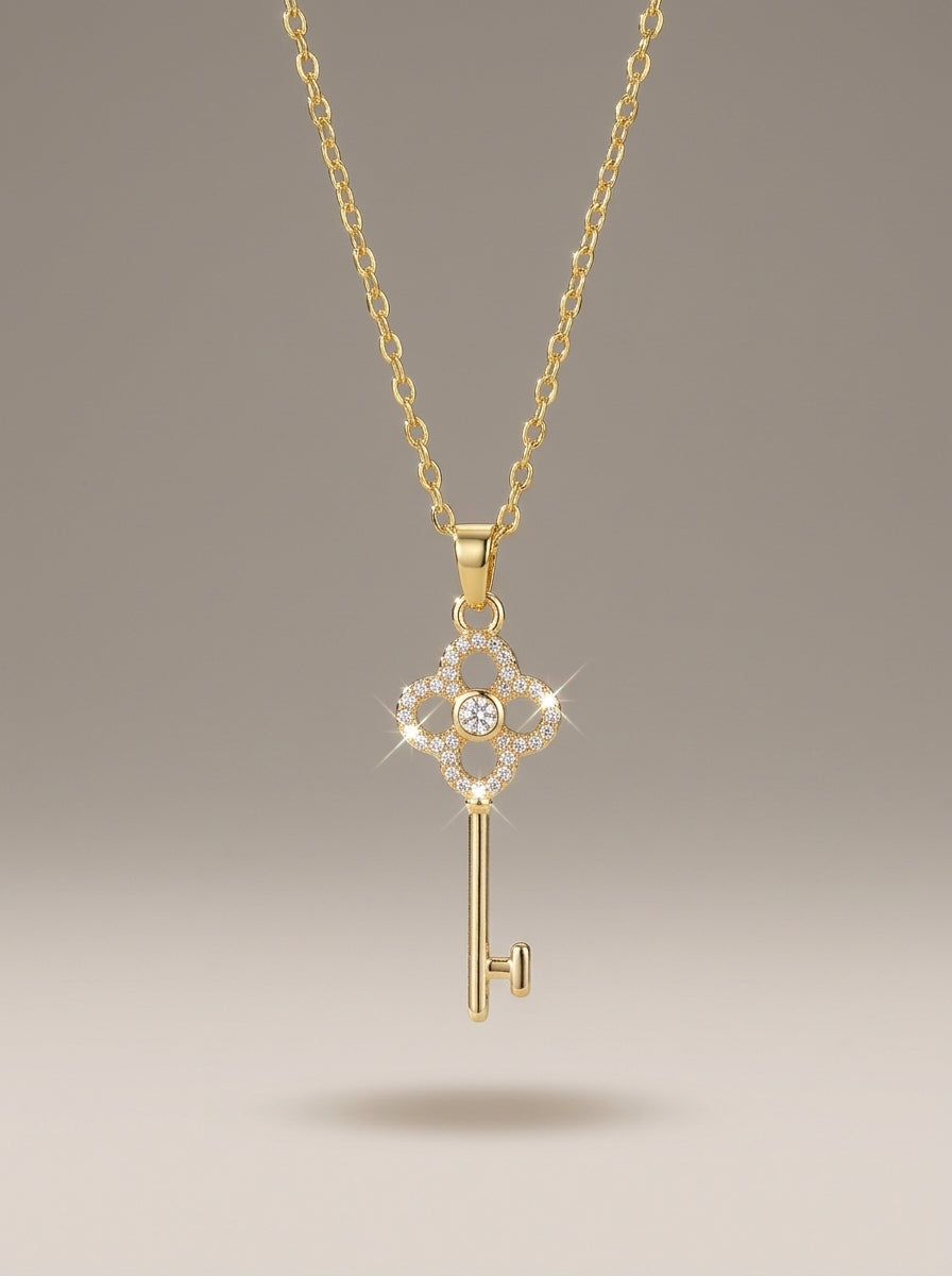 The Clover Key Pendant | Diamond Studded | Adjustable Gold Chain