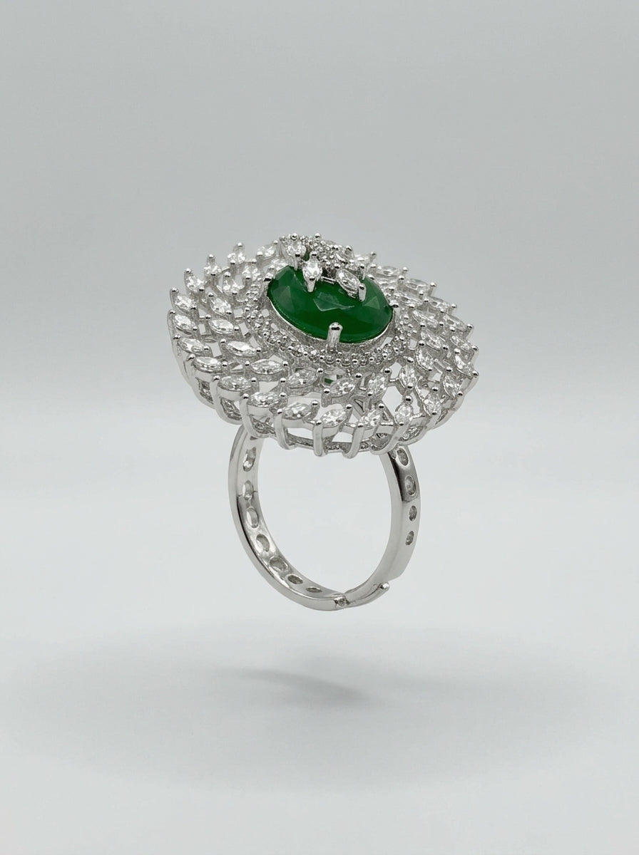 Emerald Crown Ring | Green Stone Statement | Silver Plated