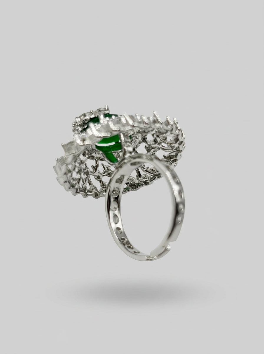 Emerald Crown Ring | Green Stone Statement | Silver Plated