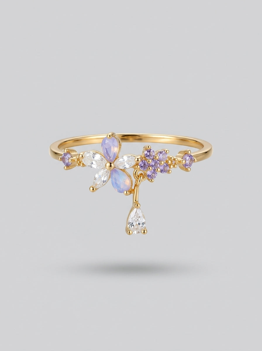 Radiant Lavender Dew Ring | Diamond Studded | Gold Plated