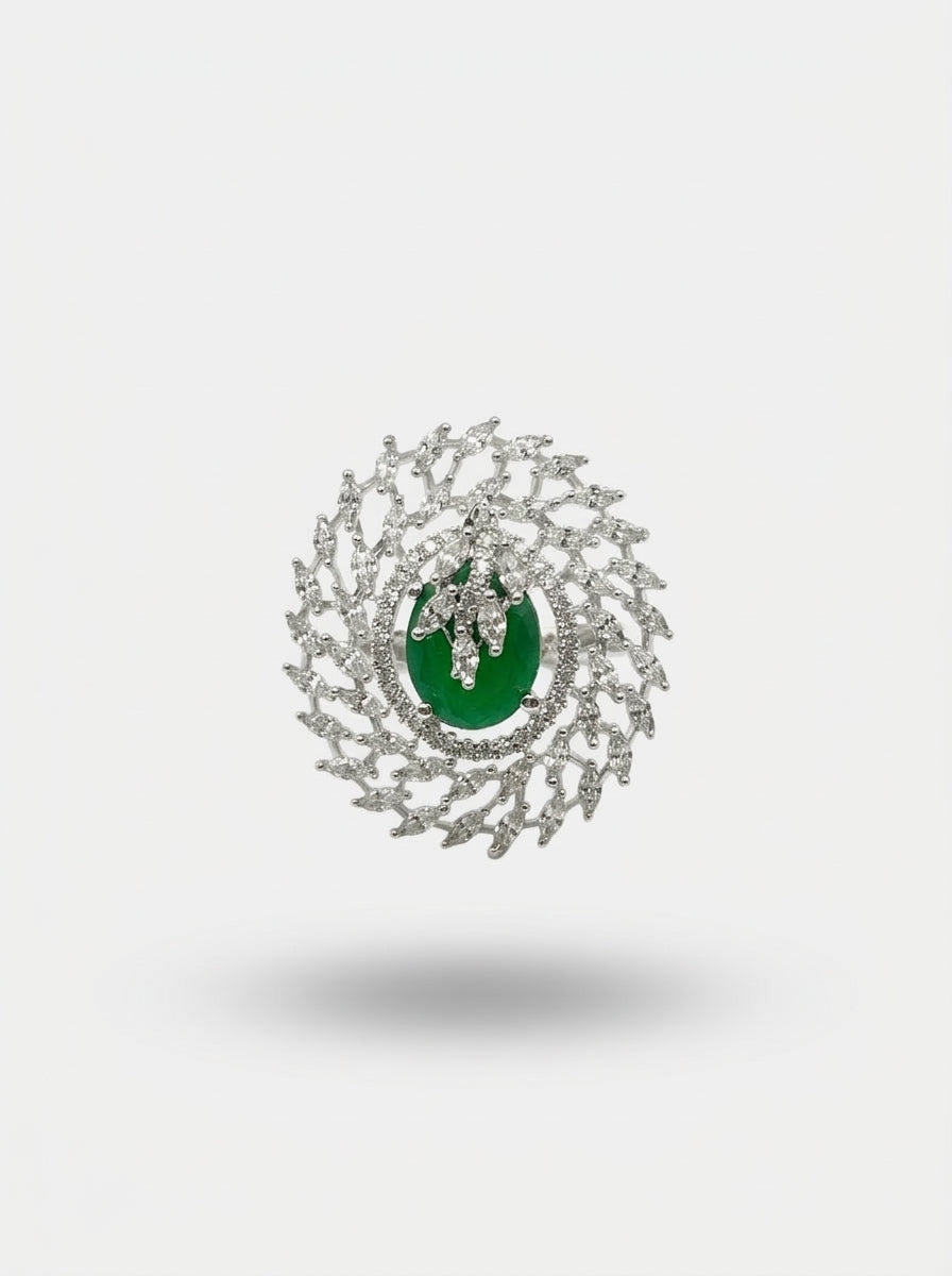 Emerald Crown Ring | Green Stone Statement | Silver Plated