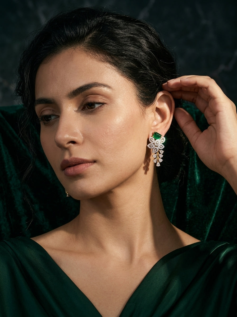Emerald Garden Studs | Green Stone & Diamond | Gold Plated